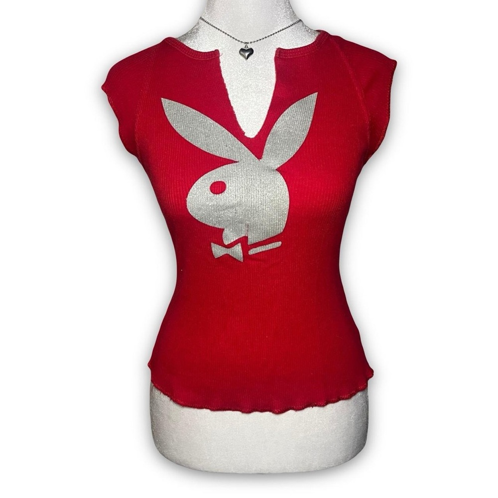 Y2K red and silver playboy top